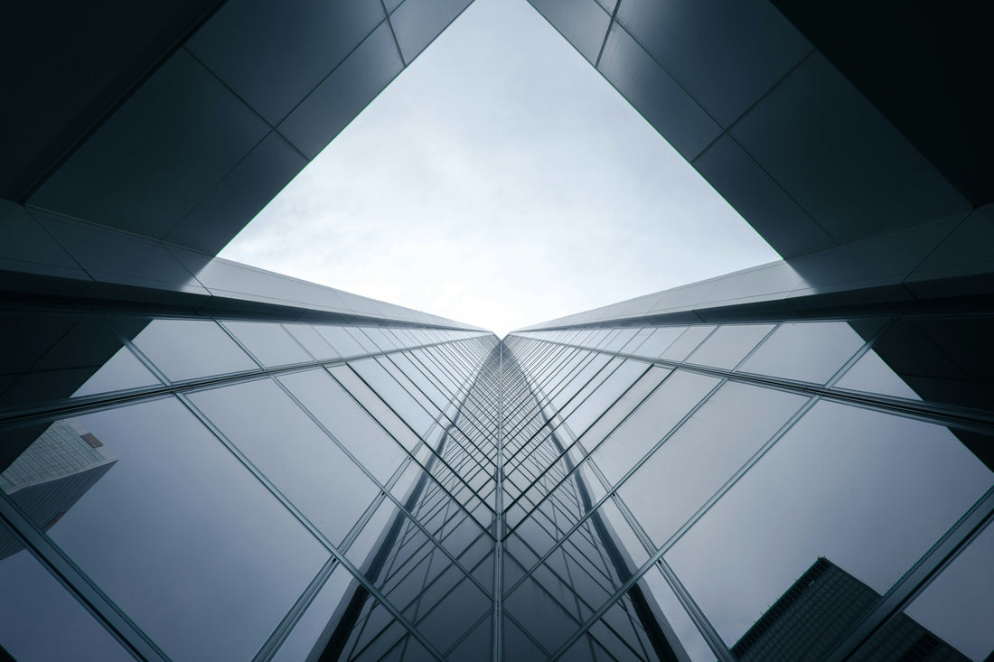 Upward view of a corporate building, a biotech venture capital firm buidling