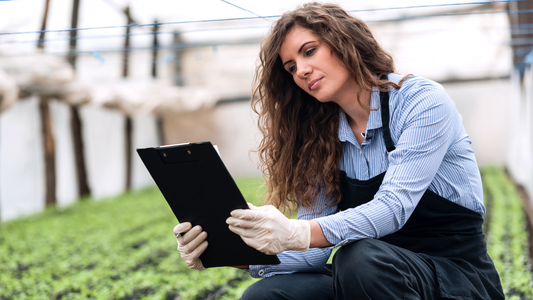 Woman using a tablet in a greenhouse with plants, representing AgriTech innovation that attracts investors