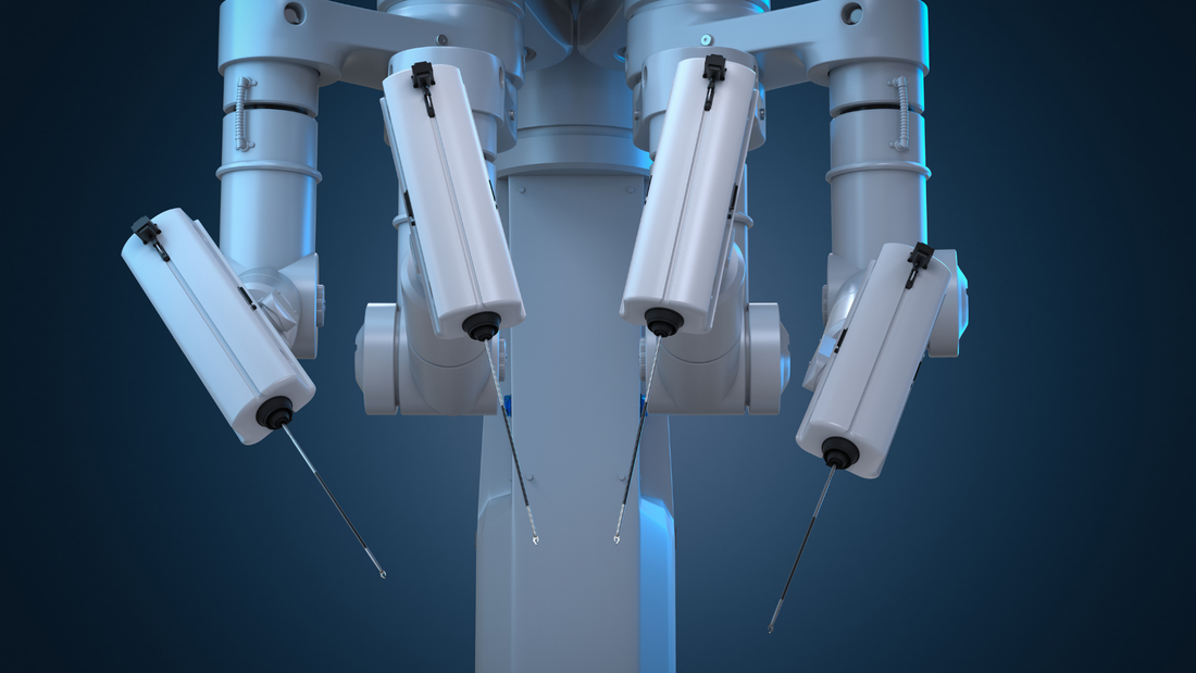 A surgical robot with four arms on a blue background.