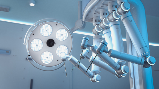 Surgical robot in an operating room, illustrating MedTech innovation for clinical trials and VC funding expectations