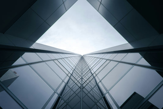 Upward view of a corporate building, a biotech venture capital firm buidling